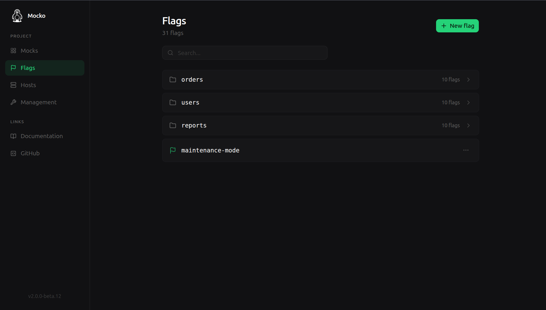 The flags panel showing folders for users, reports, and orders next to a root-level maintenance-mode flag