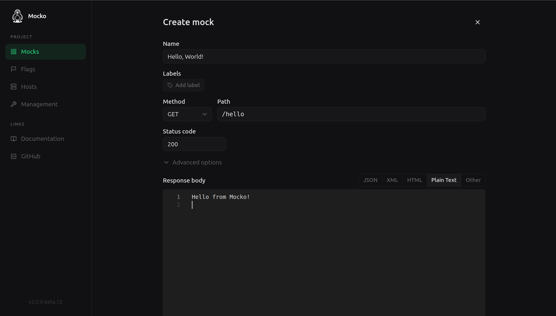Mocko control panel with the new mock form filled in: method GET, path /hello, and a plain text response body