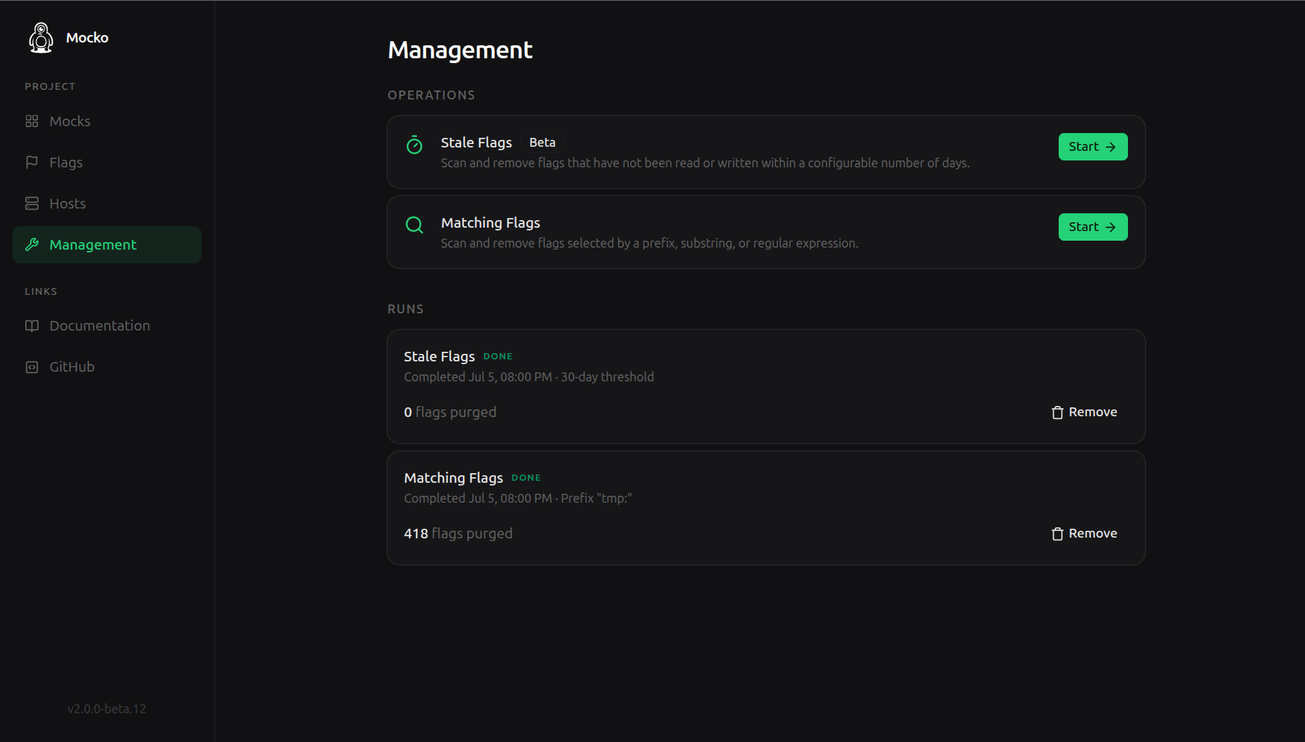 The Management page listing finished operations with their parameters and final counts