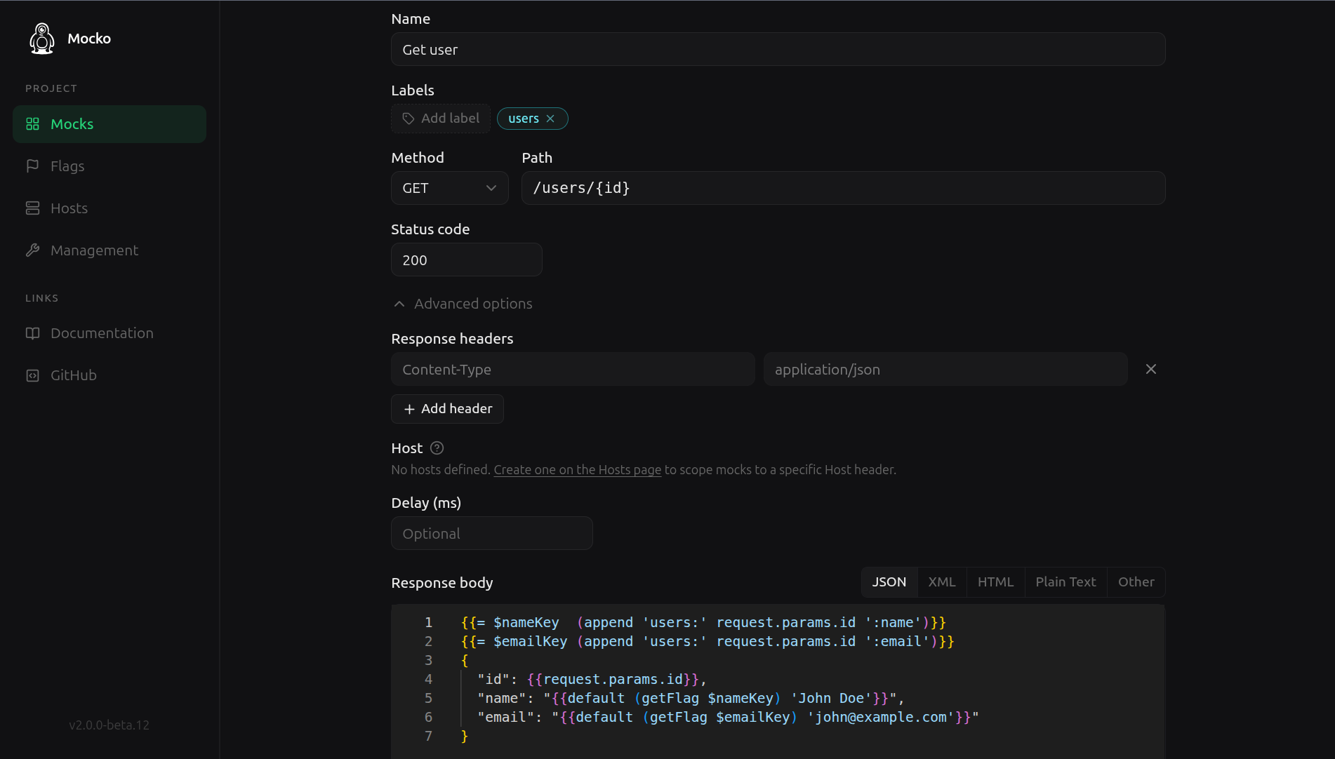 The mock form in the control panel editing GET /users/{id} with a templated JSON body