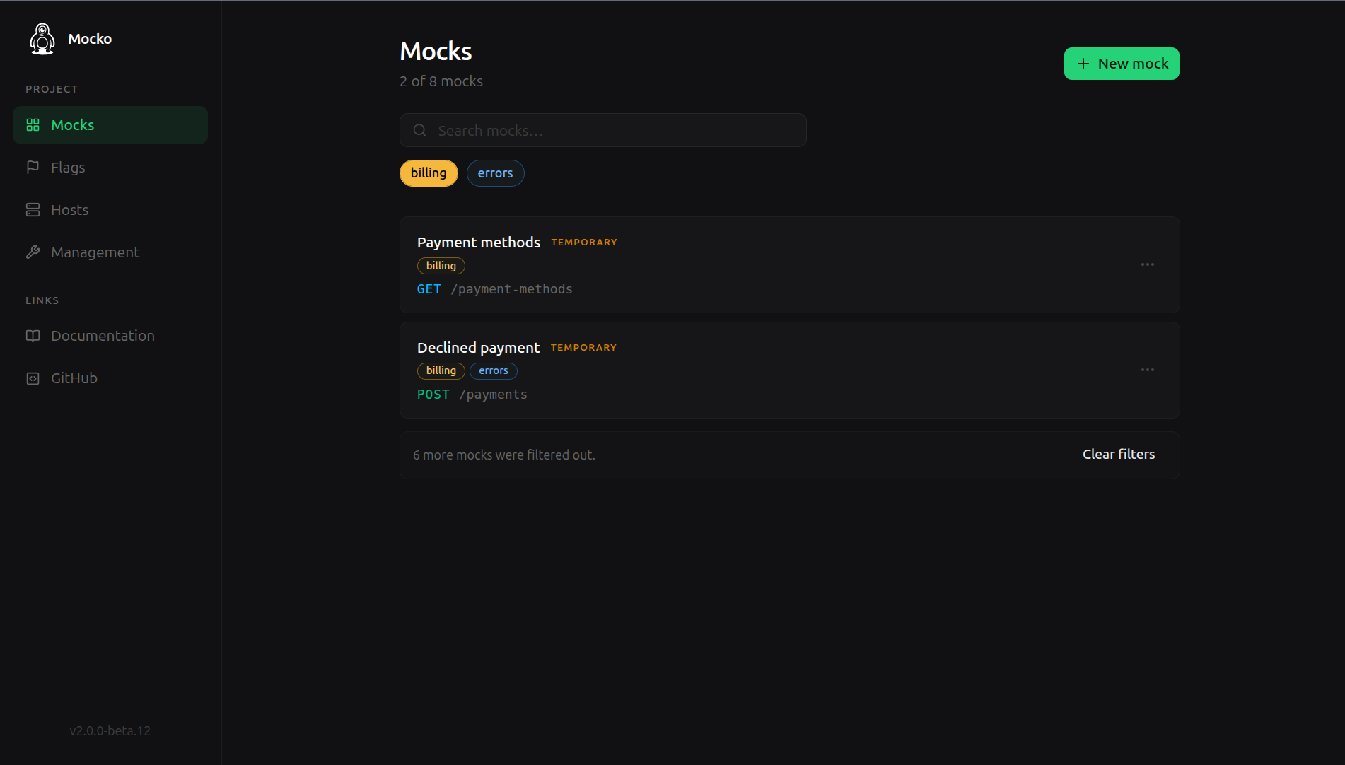 The mock list in the control panel with search and label filters above the mocks